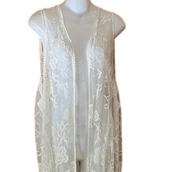 Jody California Ivory Floral Embroidered Lace Longline Open Fringe Duster L/XL - Picture 2 of 11